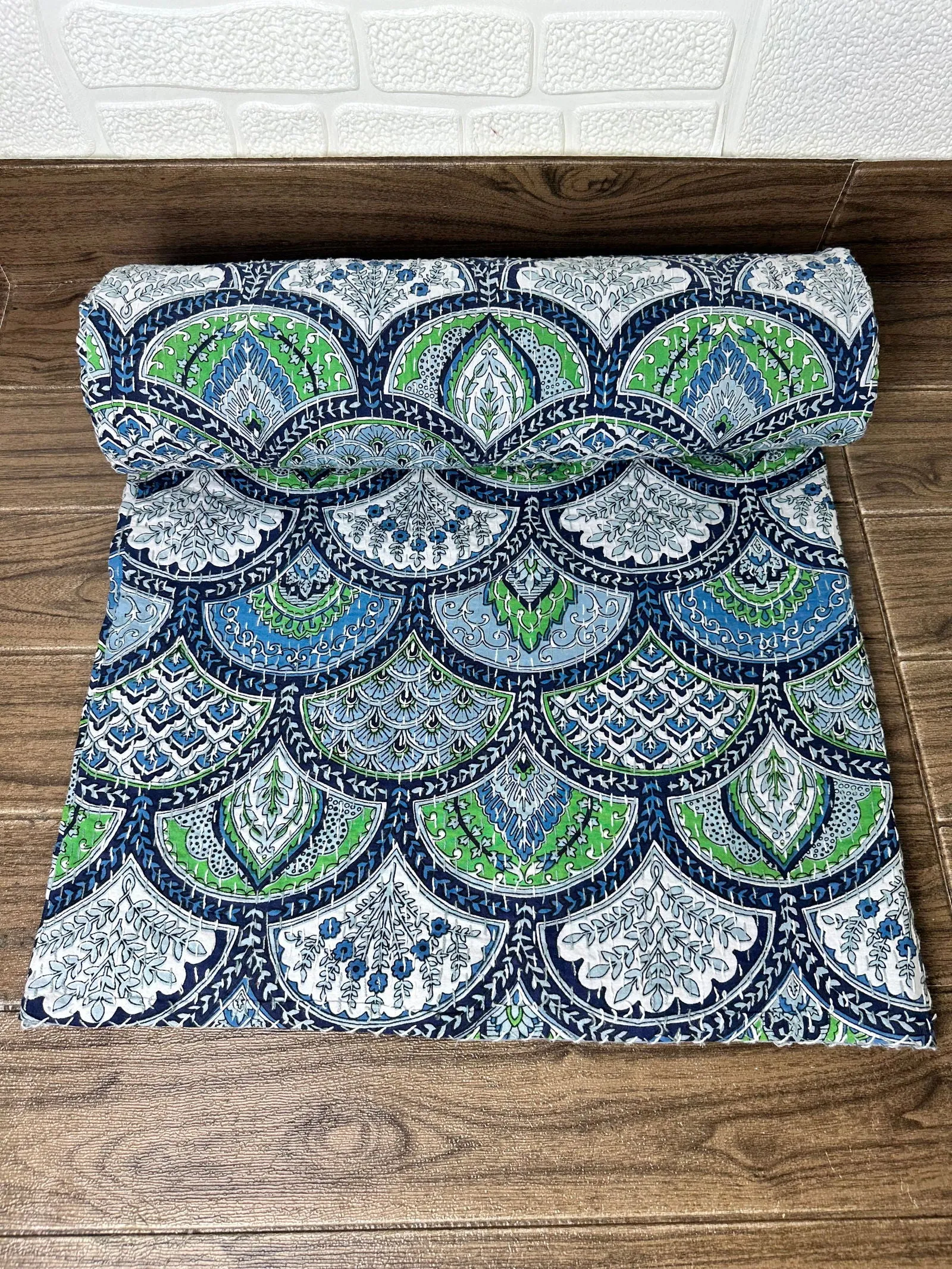 Pure Cotton Kantha Stitch Throw | Indian Hand Block Quilted King Size Bedspread/Sofa Cover Home Decor | Mandal Reversible Print Blue Green