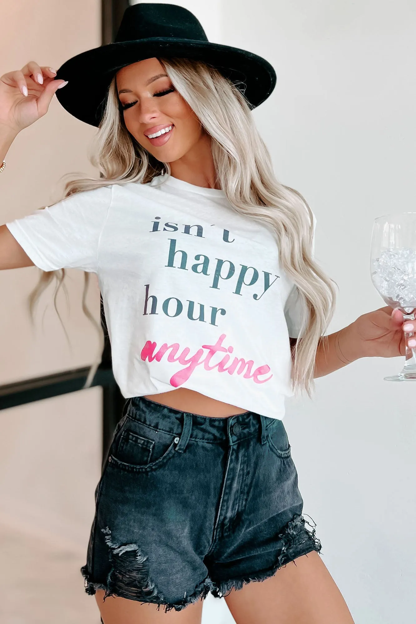 "Isn't Happy Hour Anytime" Graphic - Multiple Shirt Options (White) - Print On Demand