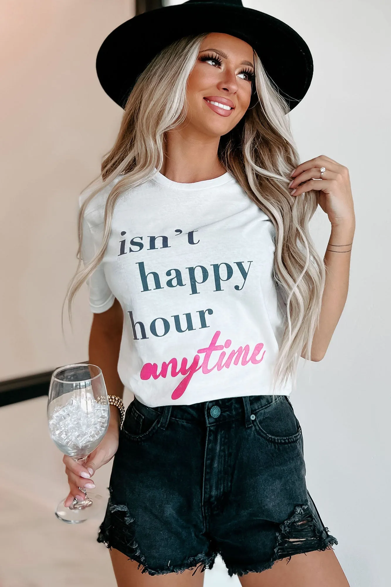 "Isn't Happy Hour Anytime" Graphic - Multiple Shirt Options (White) - Print On Demand