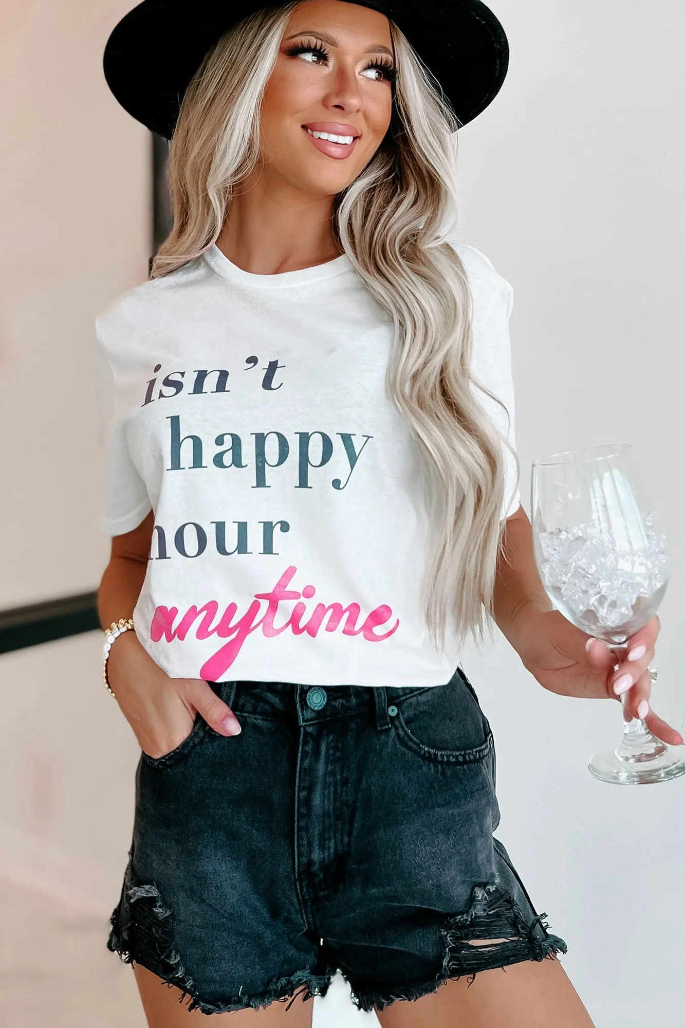 "Isn't Happy Hour Anytime" Graphic - Multiple Shirt Options (White) - Print On Demand