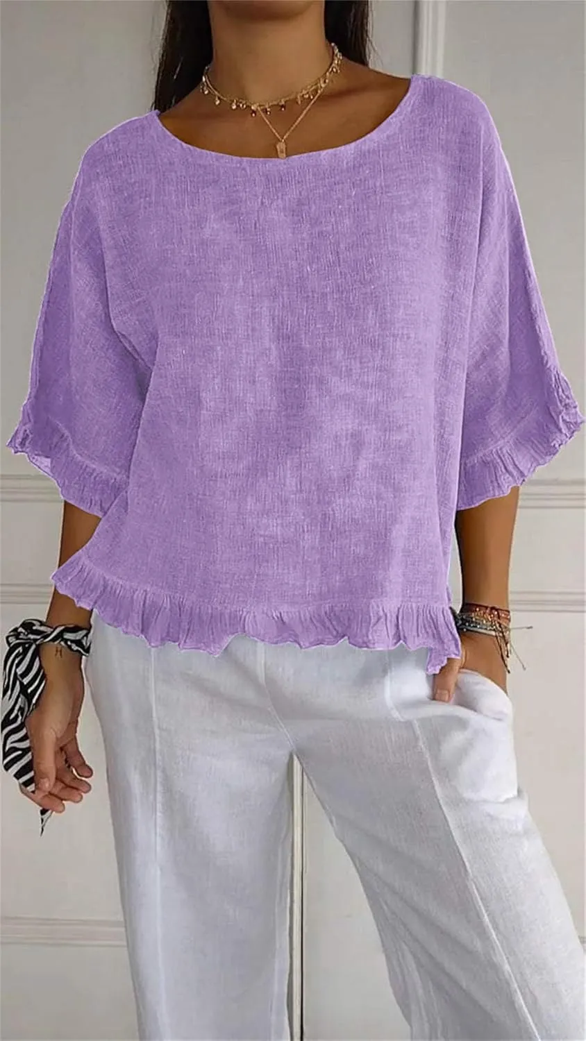 Round Neck Ruffled Hem Mid Sleeve Cotton and Linen Top Solid Round Neck Casual 3/4 Short Tops Sleeve Blouse Tops