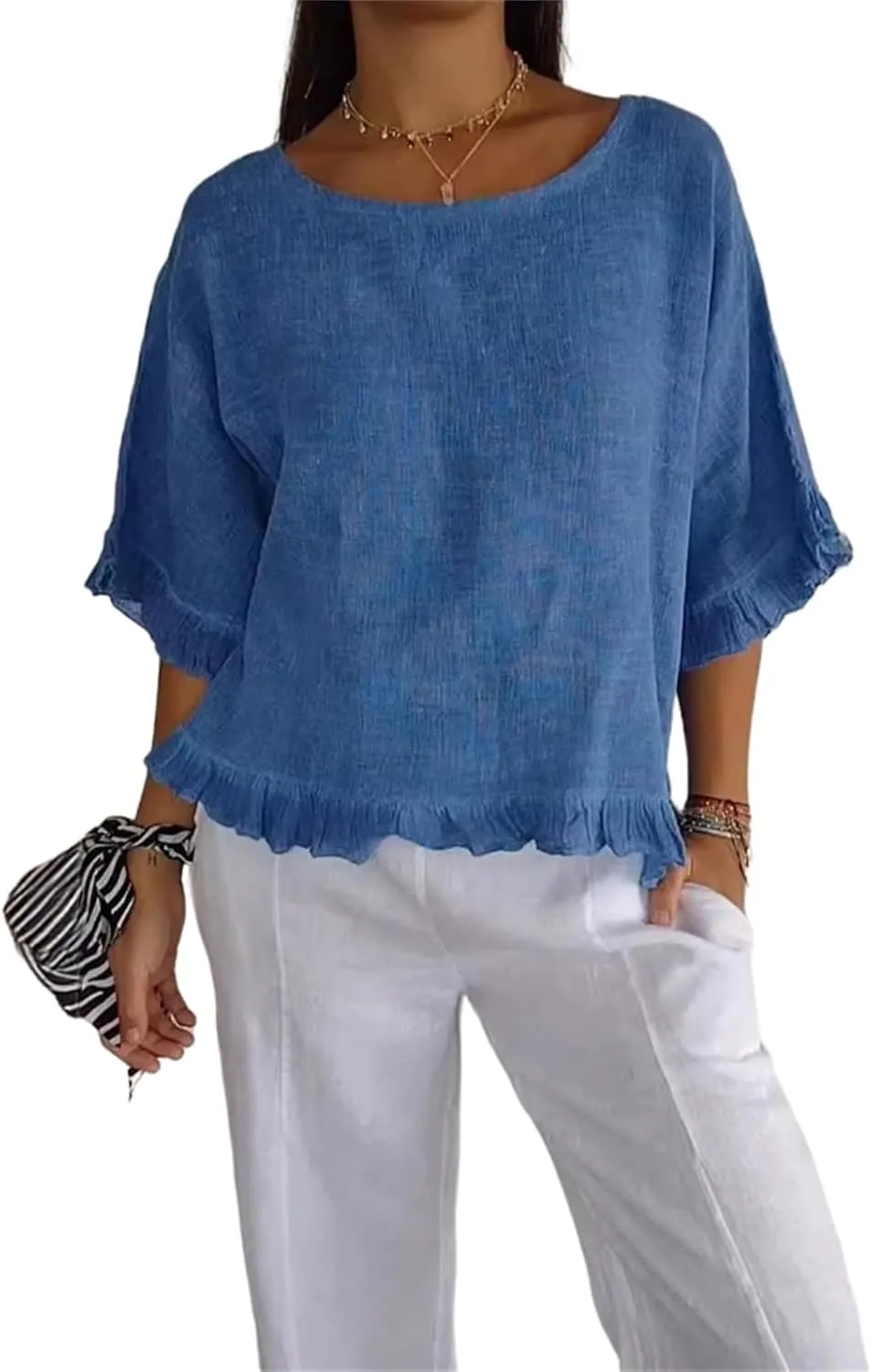 Round Neck Ruffled Hem Mid Sleeve Cotton and Linen Top Solid Round Neck Casual 3/4 Short Tops Sleeve Blouse Tops