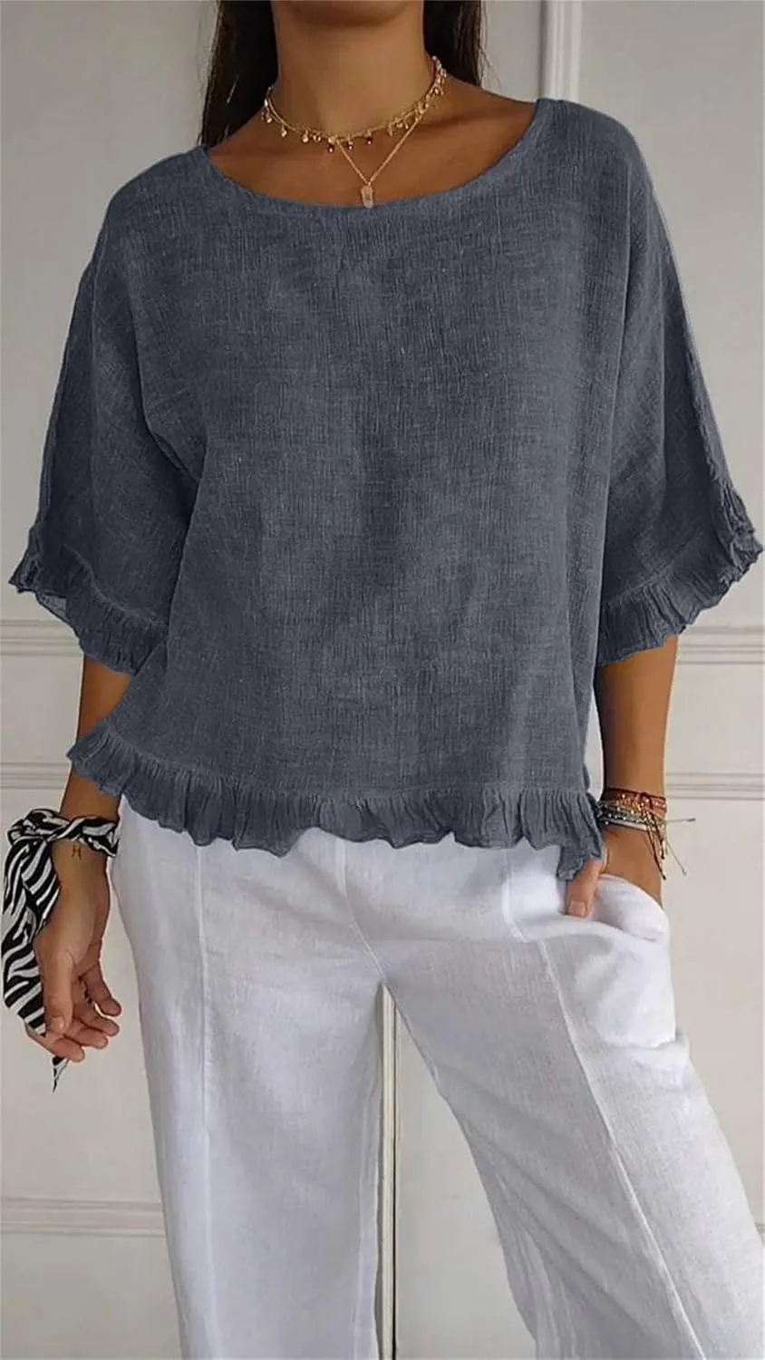Round Neck Ruffled Hem Mid Sleeve Cotton and Linen Top Solid Round Neck Casual 3/4 Short Tops Sleeve Blouse Tops