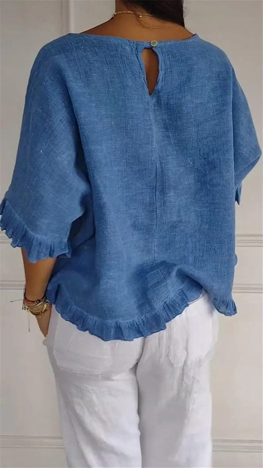 Round Neck Ruffled Hem Mid Sleeve Cotton and Linen Top Solid Round Neck Casual 3/4 Short Tops Sleeve Blouse Tops