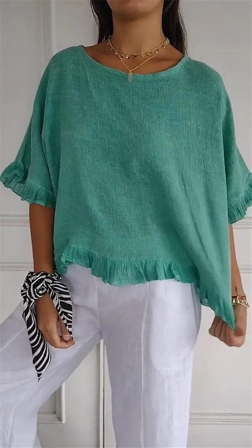 Round Neck Ruffled Hem Mid Sleeve Cotton and Linen Top Solid Round Neck Casual 3/4 Short Tops Sleeve Blouse Tops