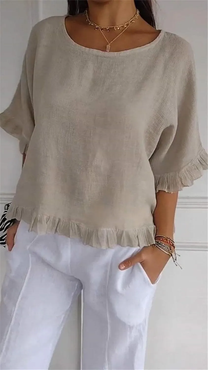 Round Neck Ruffled Hem Mid Sleeve Cotton and Linen Top Solid Round Neck Casual 3/4 Short Tops Sleeve Blouse Tops