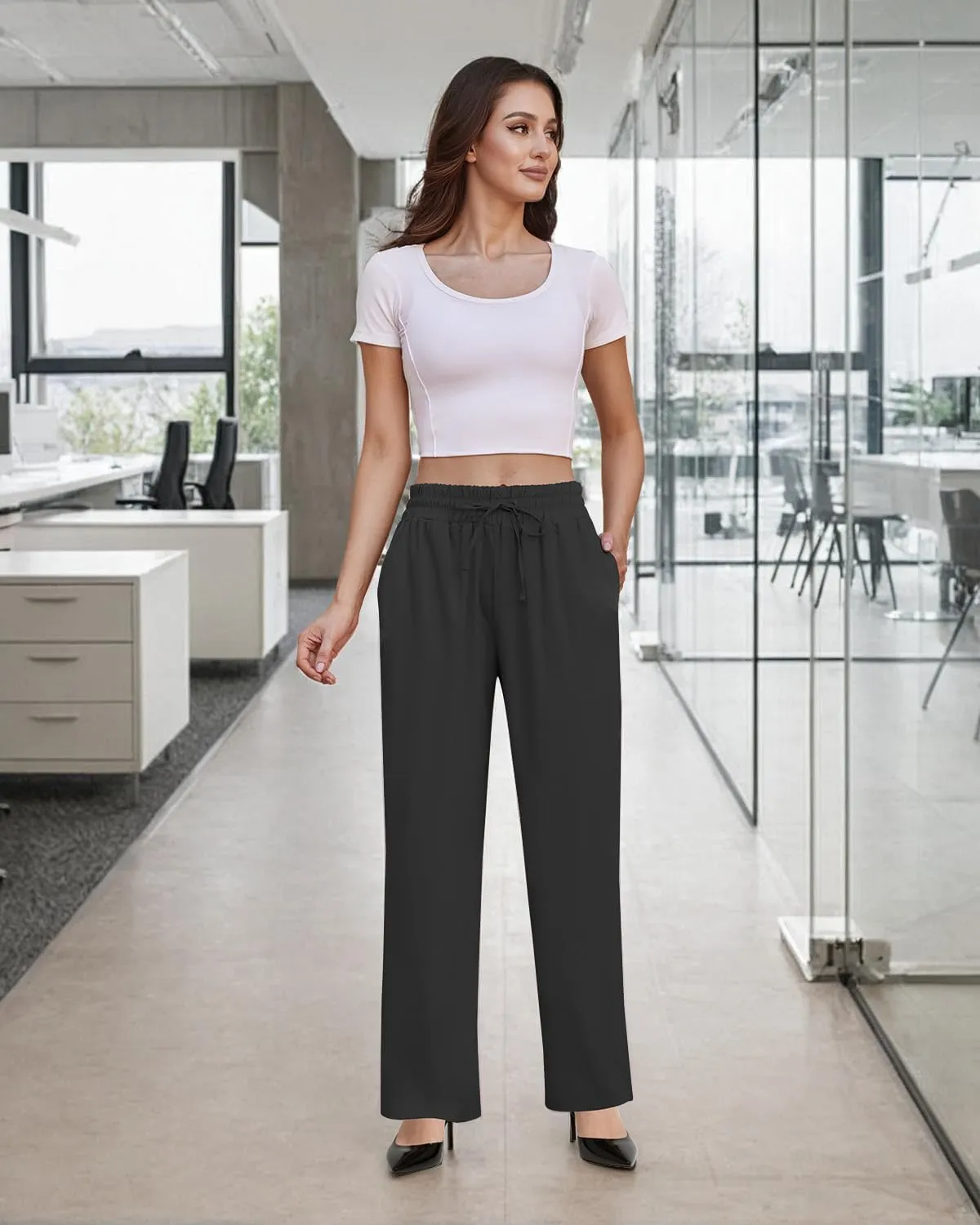 SEMARO Womens Casual Linen High Waist Pants Drawstring Loose Fit Summer Pants Trousers with Side Pockets