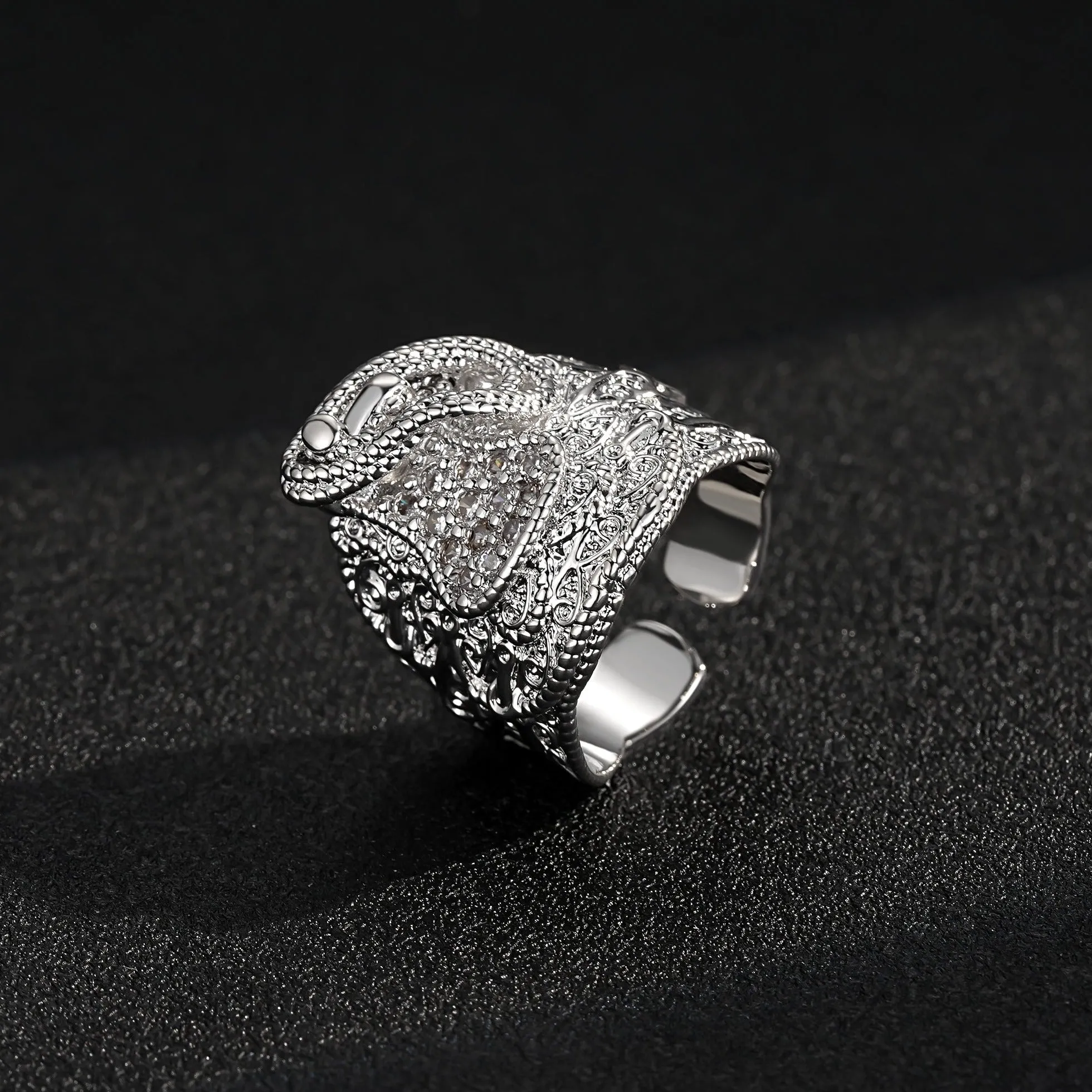 Silver Filled Saddle Ring with Stones Size T Adjustable
