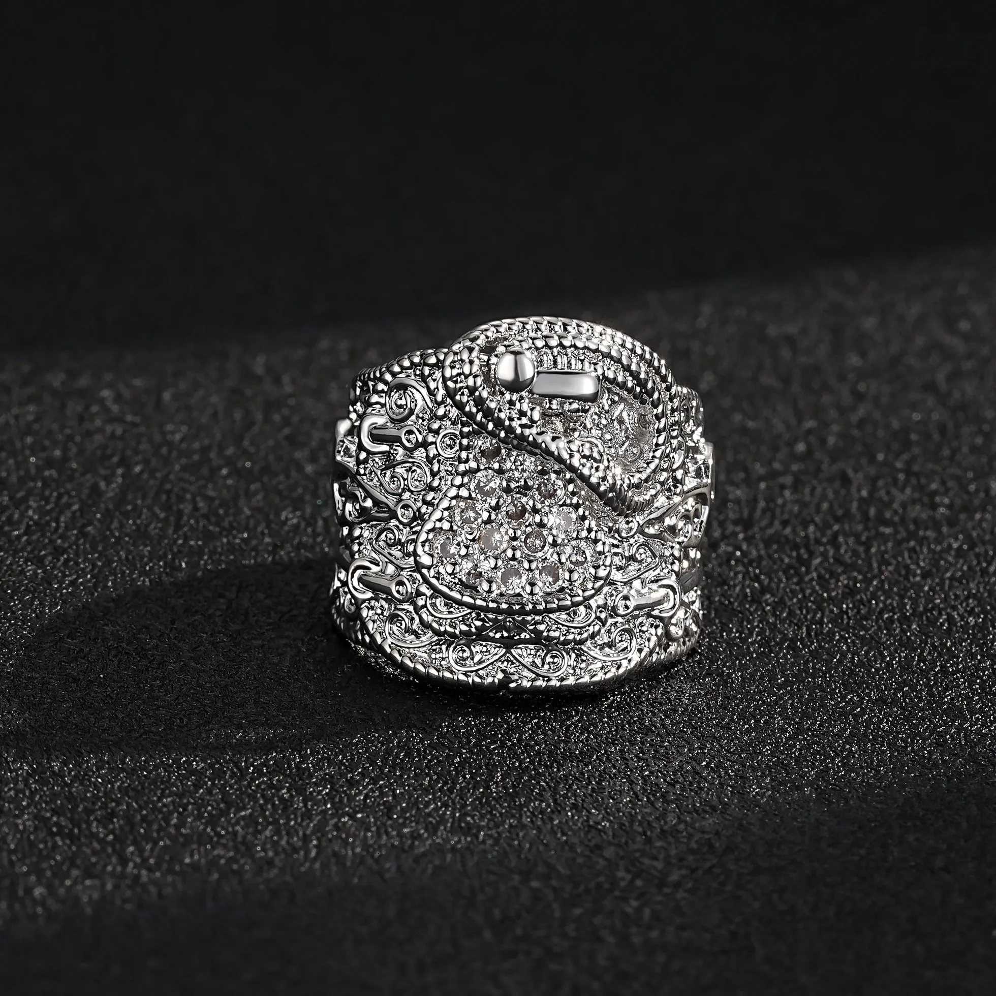 Silver Filled Saddle Ring with Stones Size T Adjustable