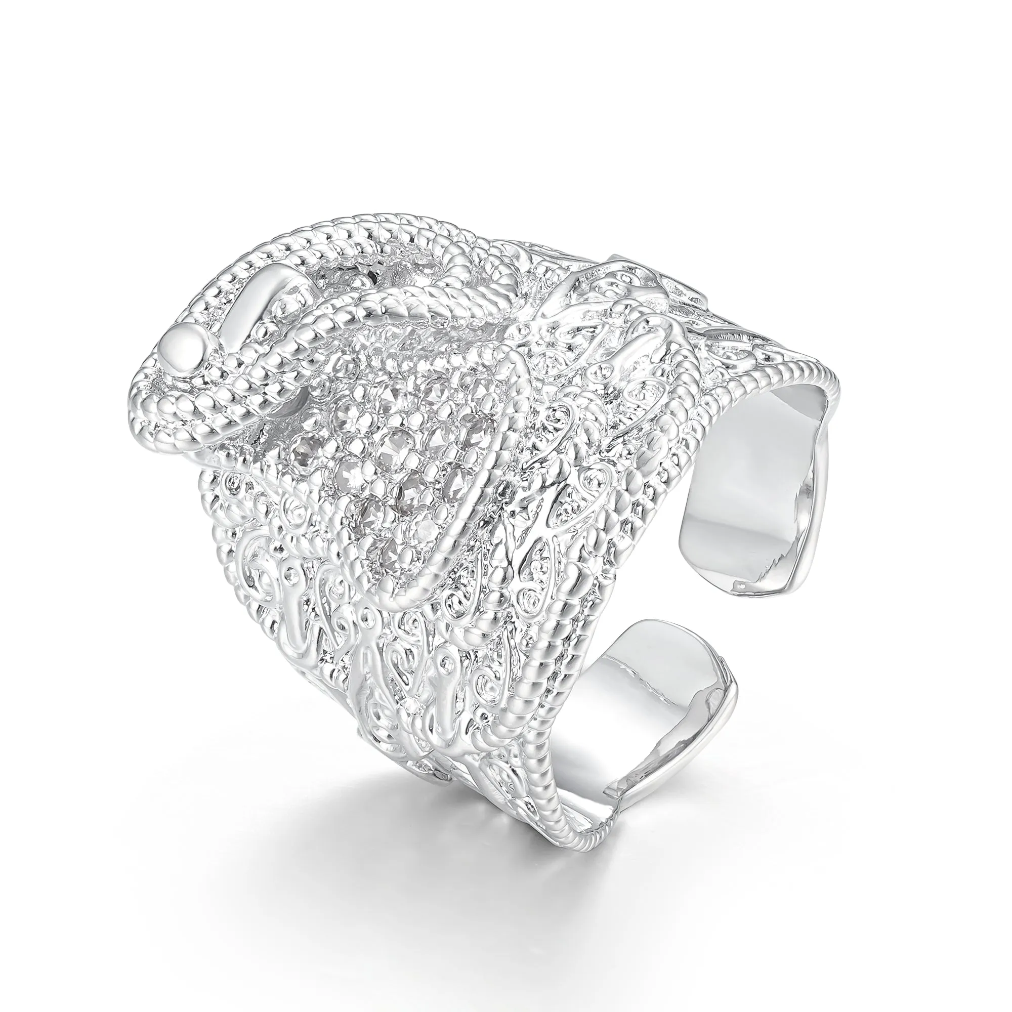 Silver Filled Saddle Ring with Stones Size T Adjustable