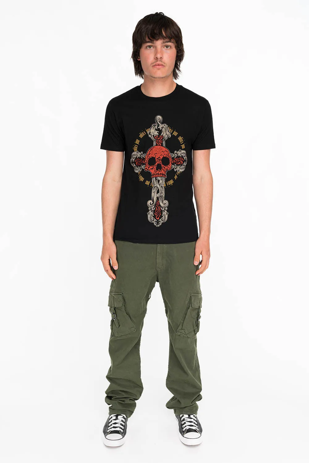 SKULL AND CROSS TEE IN BLACK