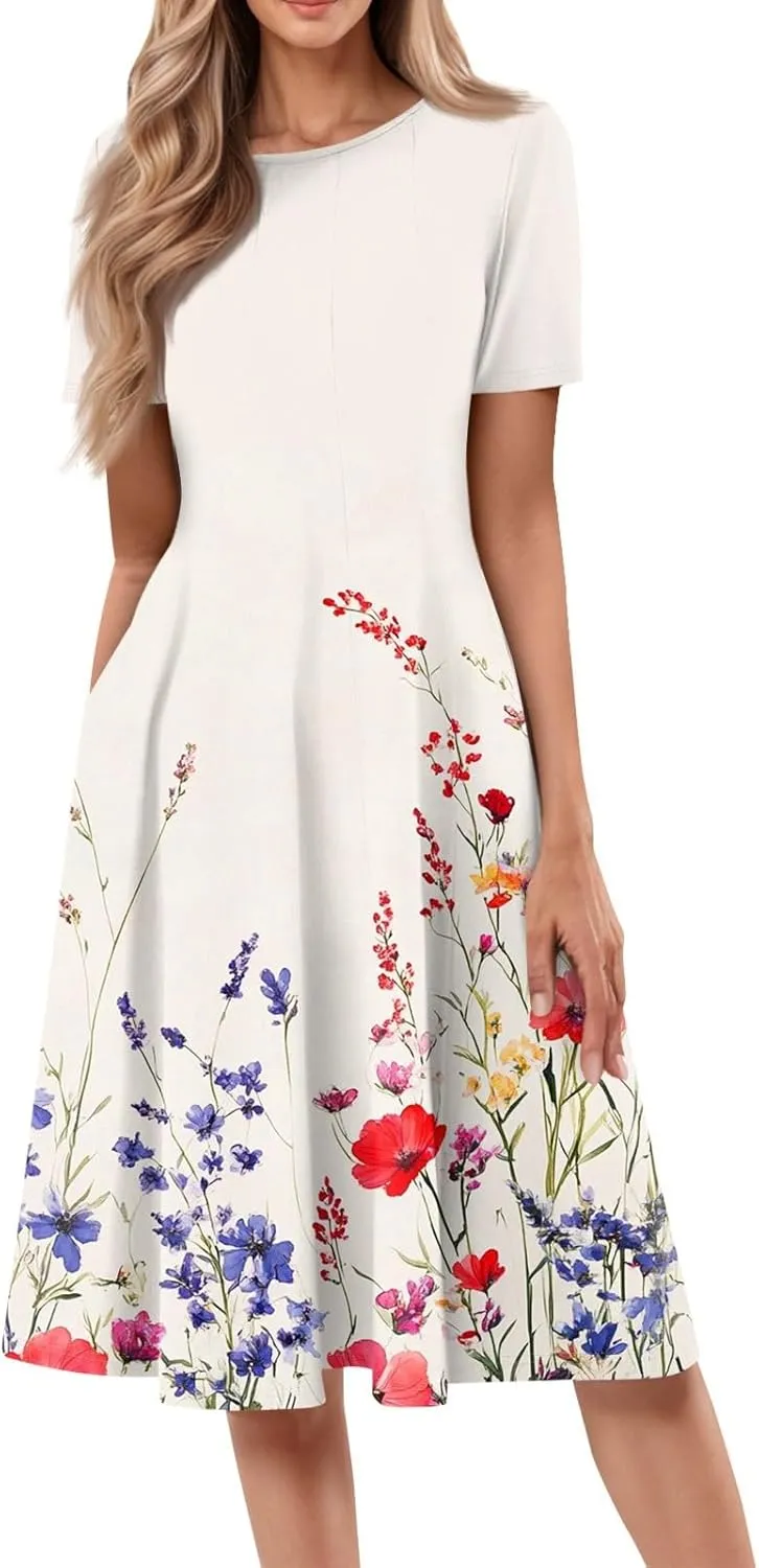 Summer Dresses for Women 2025 Midi Short Sleeve Round Neck Dresses Elegant Pleated with Pocket Flower Print Dress
