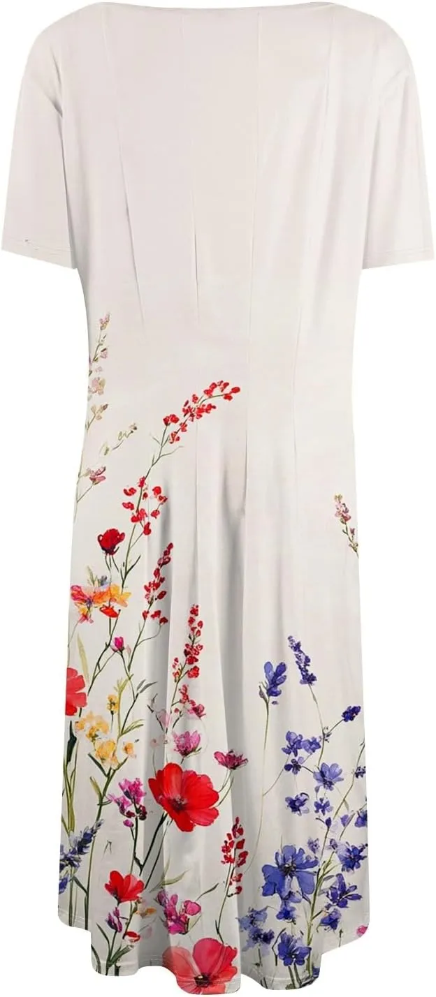 Summer Dresses for Women 2025 Midi Short Sleeve Round Neck Dresses Elegant Pleated with Pocket Flower Print Dress