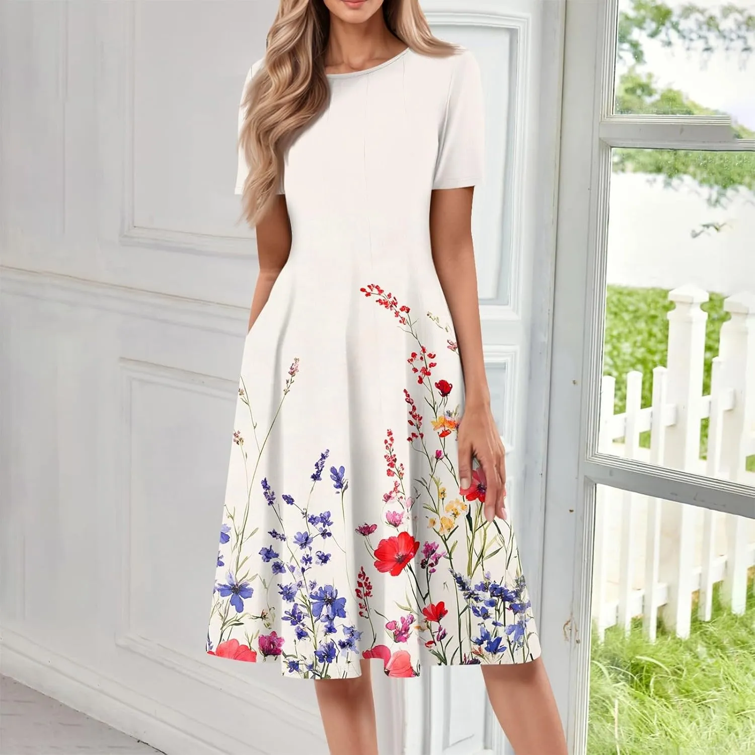 Summer Dresses for Women 2025 Midi Short Sleeve Round Neck Dresses Elegant Pleated with Pocket Flower Print Dress