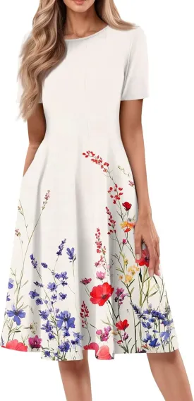 Summer Dresses for Women 2025 Midi Short Sleeve Round Neck Dresses Elegant Pleated with Pocket Flower Print Dress