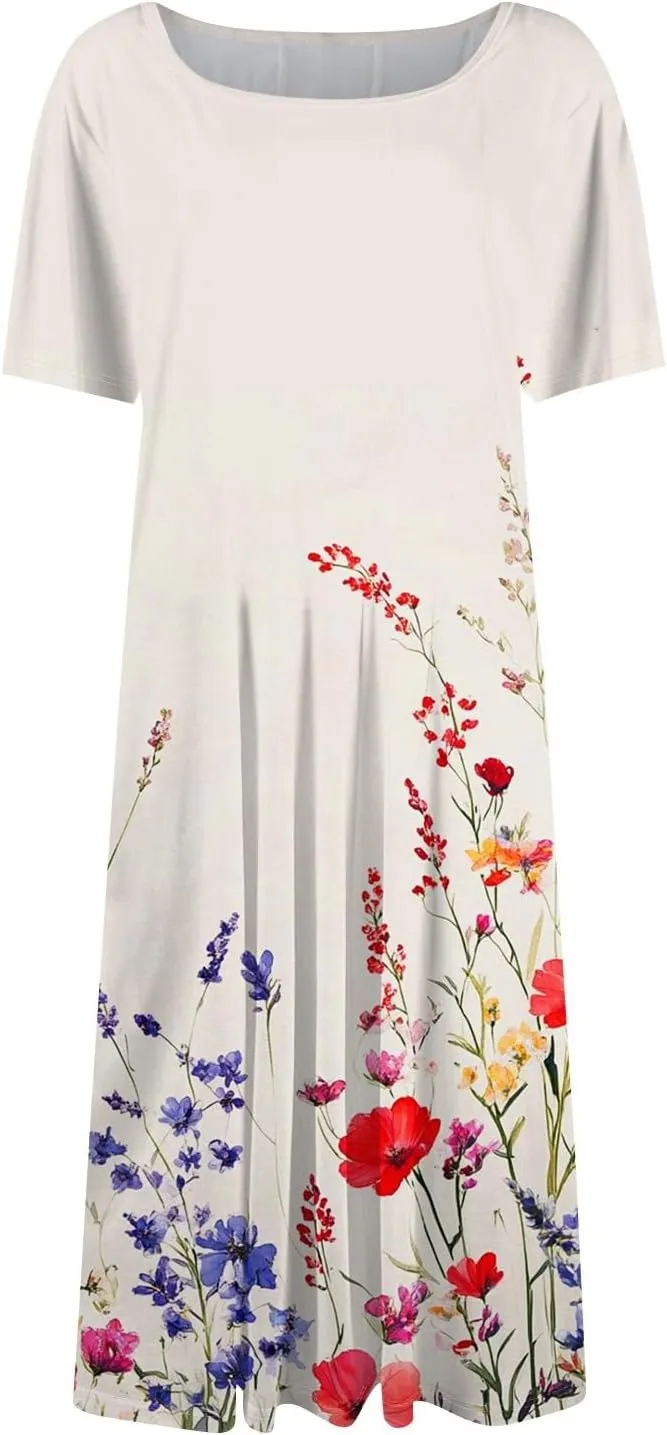 Summer Dresses for Women 2025 Midi Short Sleeve Round Neck Dresses Elegant Pleated with Pocket Flower Print Dress