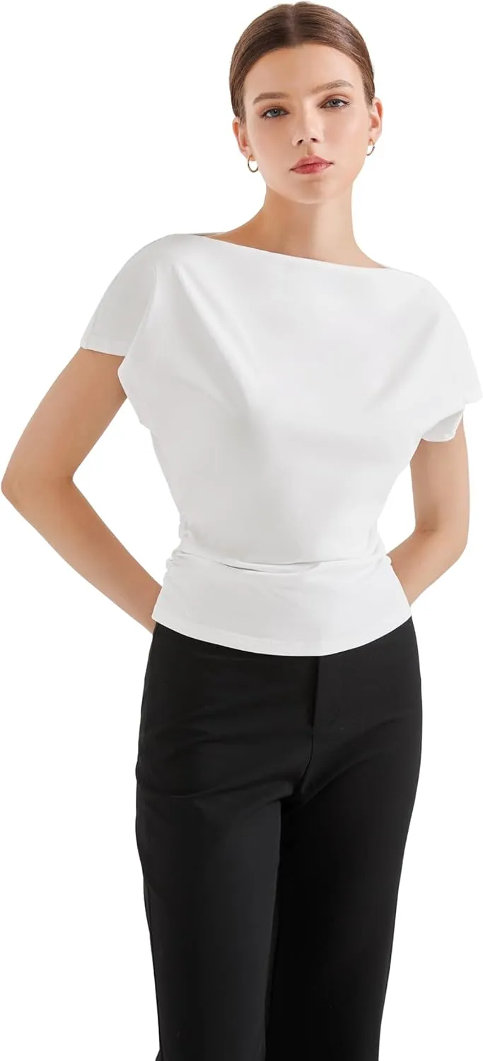 SUUKSESS Women Off The Shoulder Summer Tops One Shoulder T Shirt Casual Short Sleeve Boat Neck Tees