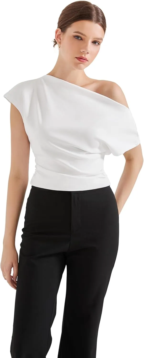 SUUKSESS Women Off The Shoulder Summer Tops One Shoulder T Shirt Casual Short Sleeve Boat Neck Tees