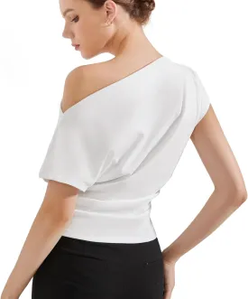 SUUKSESS Women Off The Shoulder Summer Tops One Shoulder T Shirt Casual Short Sleeve Boat Neck Tees