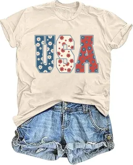 TIXOM Women's USA Floral Flowers Shirt 4th of July American Flag Graphic Tee Independence Day Summer Patriotic Tops