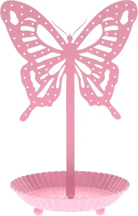Top Brass Butterfly Earring Holder Organizer Metal Standing Jewelry Tree Display with Ring Tray (Pink)