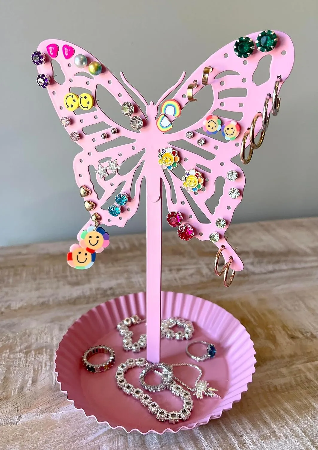 Top Brass Butterfly Earring Holder Organizer Metal Standing Jewelry Tree Display with Ring Tray (Pink)