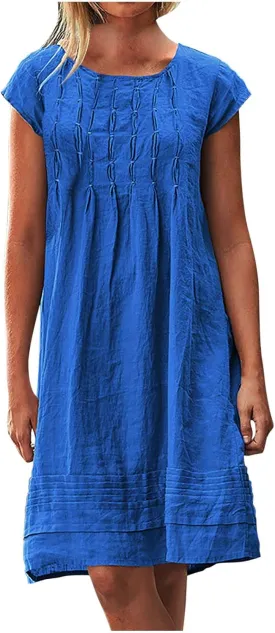 Vintage Summer Cotton Linen Dress for Women Casual Short Sleeve Ruched T Shirts Dress Loose Fit A-Line Beach Sundress