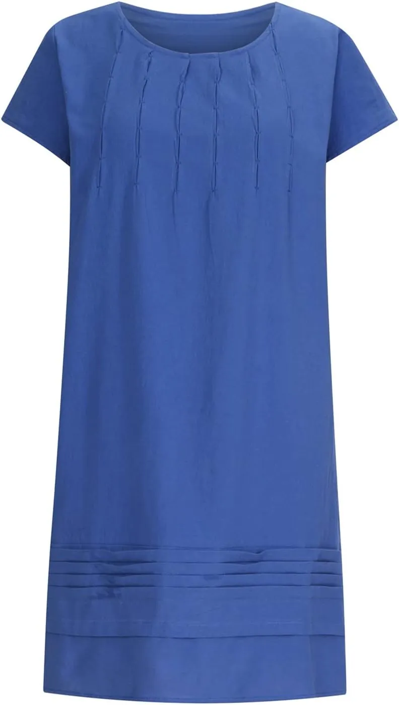 Vintage Summer Cotton Linen Dress for Women Casual Short Sleeve Ruched T Shirts Dress Loose Fit A-Line Beach Sundress