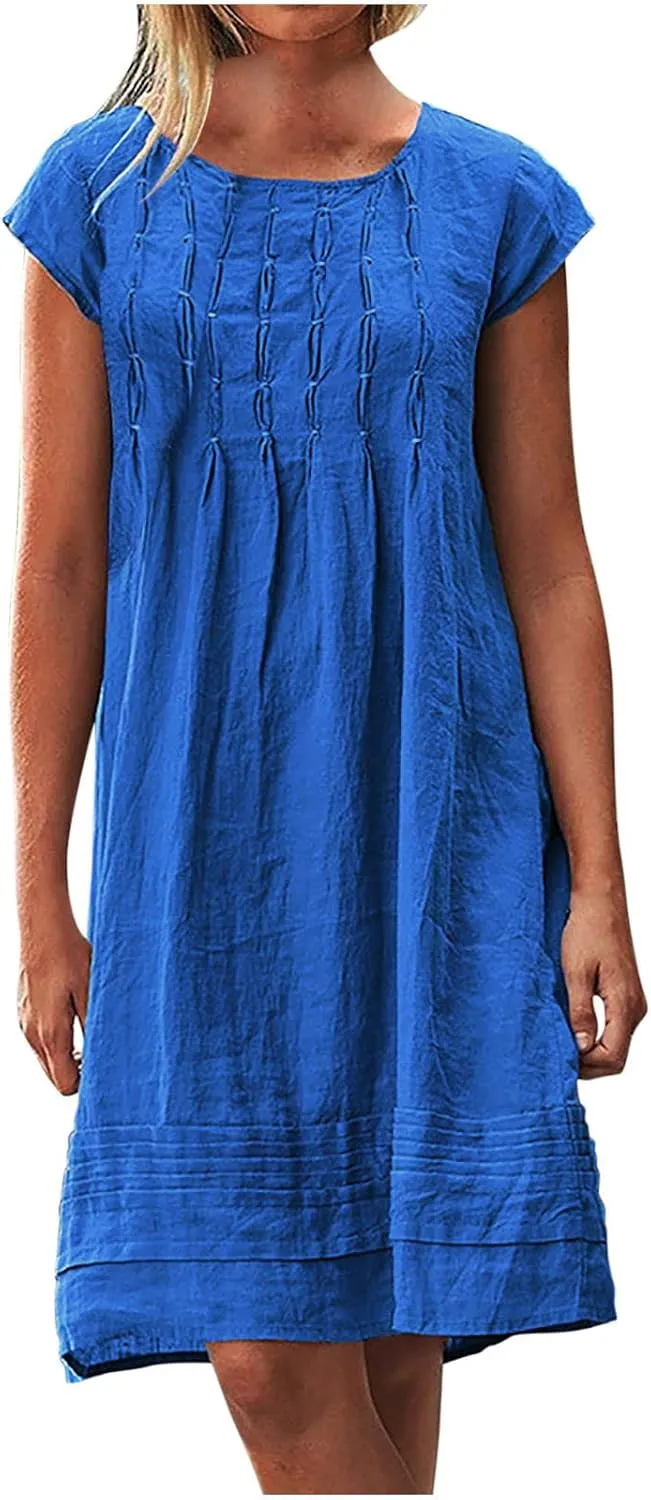 Vintage Summer Cotton Linen Dress for Women Casual Short Sleeve Ruched T Shirts Dress Loose Fit A-Line Beach Sundress