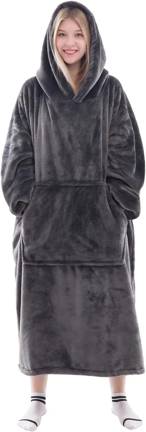 Waitu Wearable Blanket Sweatshirt Gifts for Women and Men, Warm and Cozy Giant Blanket Hoodie, Thick Flannel Blanket with Sleeves and Giant Pocket - Dark Gray