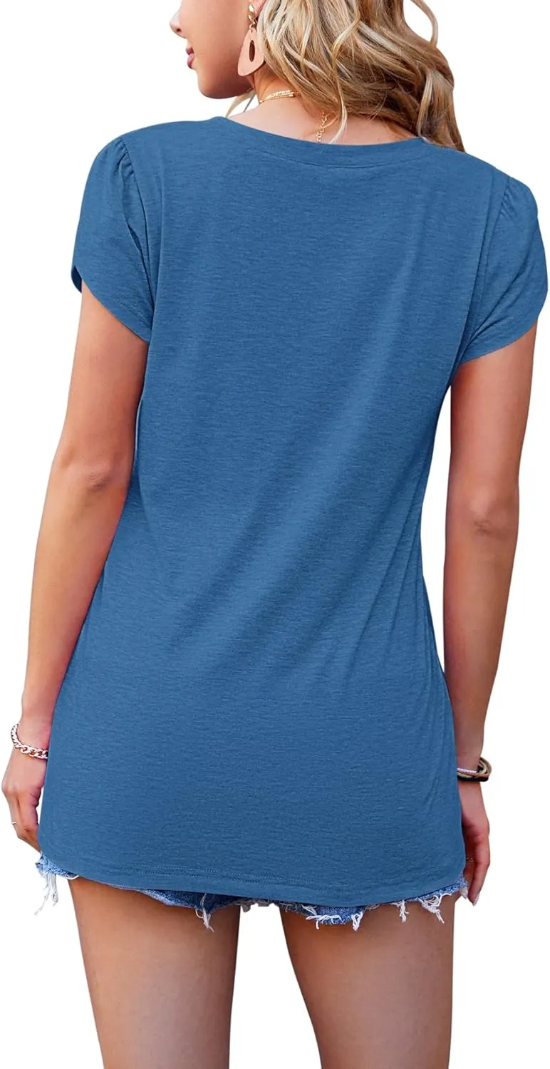 WNEEDU Womens T Shirts Petal Sleeve V Neck Casual Tees Summer Basic Tops