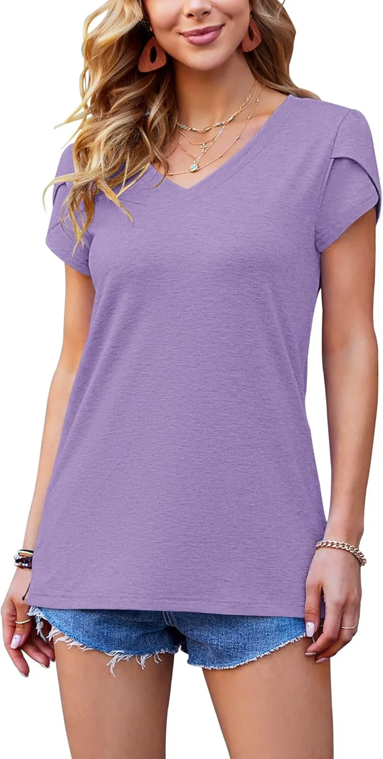 WNEEDU Womens T Shirts Petal Sleeve V Neck Casual Tees Summer Basic Tops