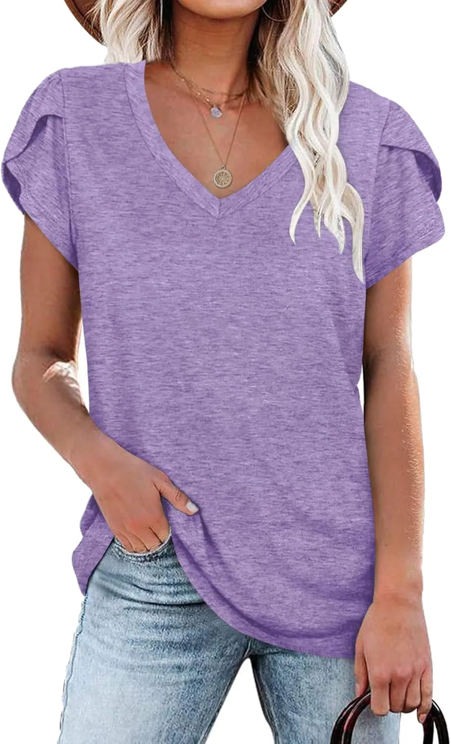 WNEEDU Womens T Shirts Petal Sleeve V Neck Casual Tees Summer Basic Tops