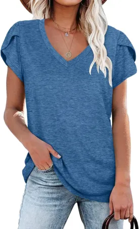 WNEEDU Womens T Shirts Petal Sleeve V Neck Casual Tees Summer Basic Tops