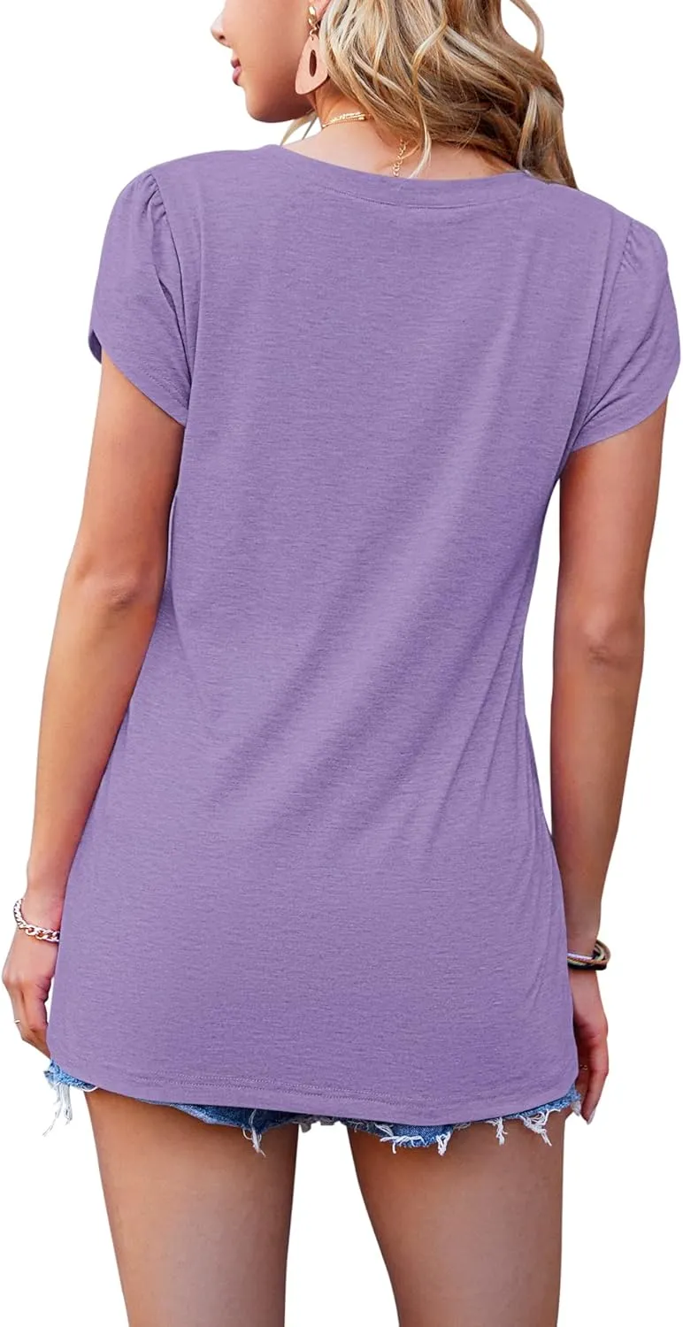 WNEEDU Womens T Shirts Petal Sleeve V Neck Casual Tees Summer Basic Tops