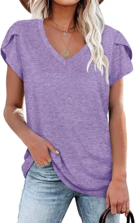 WNEEDU Womens T Shirts Petal Sleeve V Neck Casual Tees Summer Basic Tops