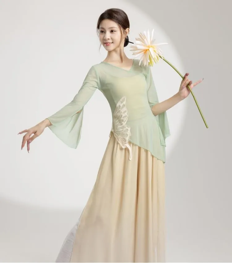 Women Dance Tops Ballet Wrap Top Chinese Traditional Sheer Mesh Blouse Ruffle Sleeve Shirts Slim Fit Tops