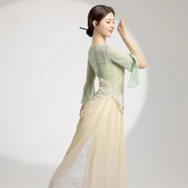 Women Dance Tops Ballet Wrap Top Chinese Traditional Sheer Mesh Blouse Ruffle Sleeve Shirts Slim Fit Tops