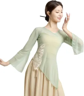 Women Dance Tops Ballet Wrap Top Chinese Traditional Sheer Mesh Blouse Ruffle Sleeve Shirts Slim Fit Tops