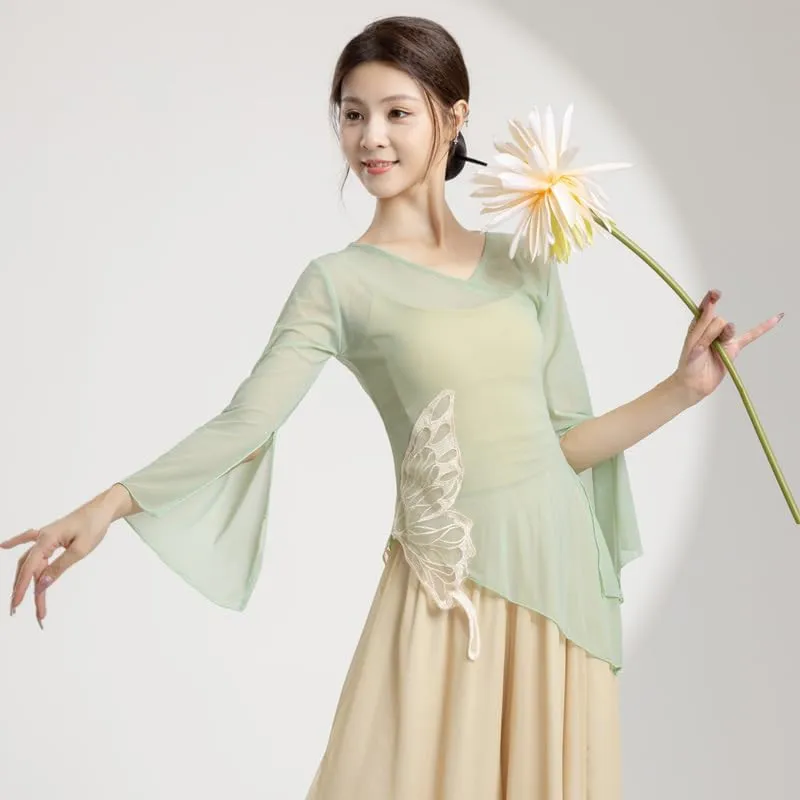 Women Dance Tops Ballet Wrap Top Chinese Traditional Sheer Mesh Blouse Ruffle Sleeve Shirts Slim Fit Tops