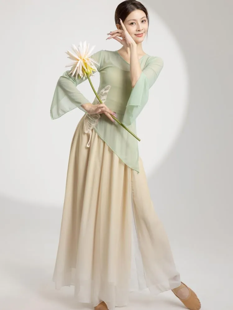 Women Dance Tops Ballet Wrap Top Chinese Traditional Sheer Mesh Blouse Ruffle Sleeve Shirts Slim Fit Tops