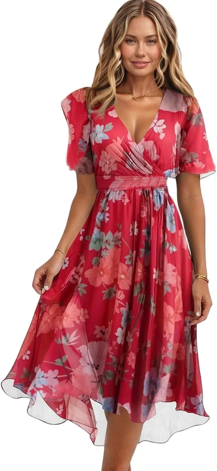 Womens Boho Floral Printed Chiffon Dresses 2025 Elegant V Neck Belted Summer Wedding Prom Cocktail Midi Dress