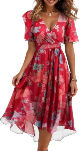 Womens Boho Floral Printed Chiffon Dresses 2025 Elegant V Neck Belted Summer Wedding Prom Cocktail Midi Dress