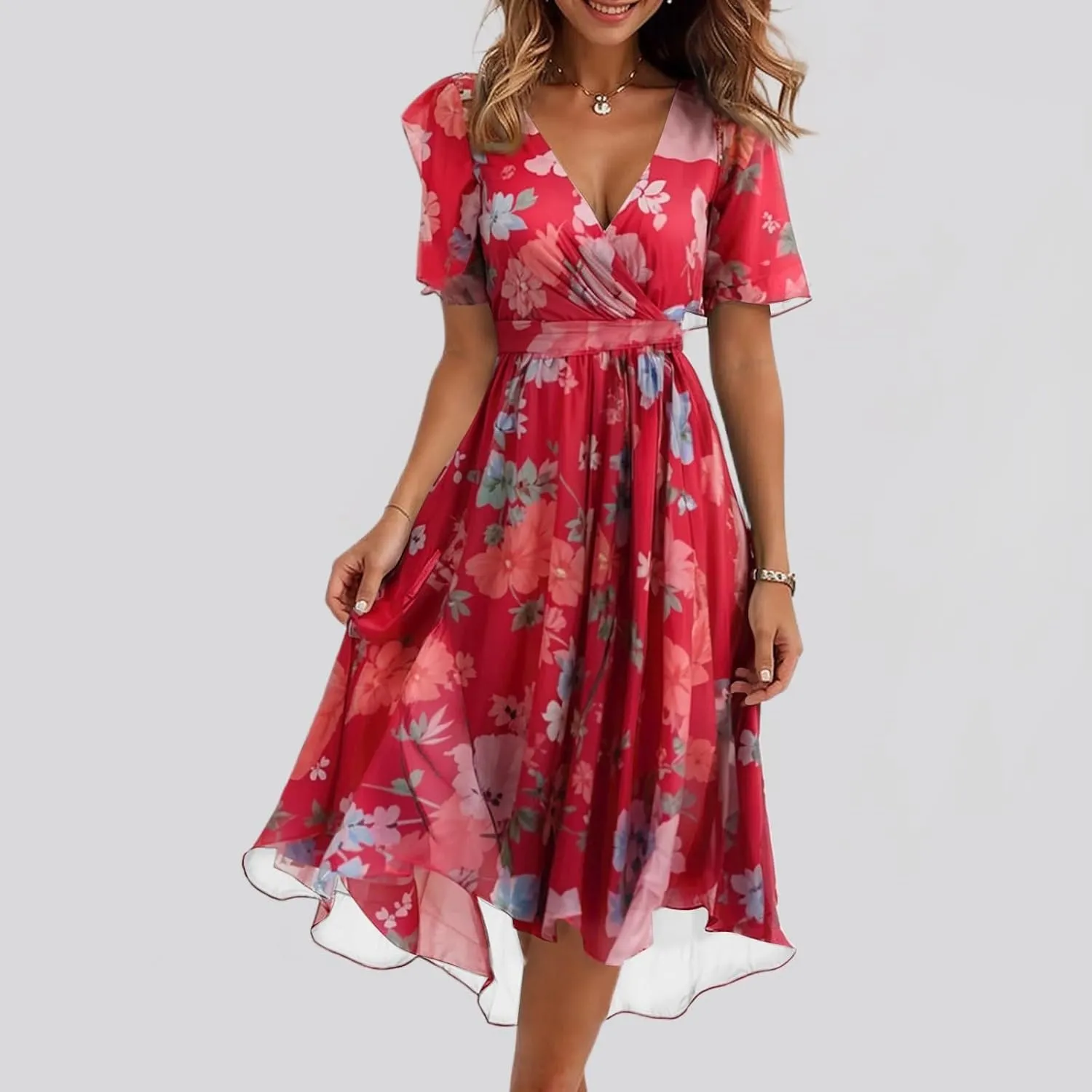 Womens Boho Floral Printed Chiffon Dresses 2025 Elegant V Neck Belted Summer Wedding Prom Cocktail Midi Dress