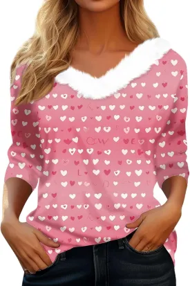 Womens Christmas Holiday Shirts Tops 3/4 Sleeve Faux Fur V Neck T-Shirt Xmas Tree Snowflakes Graphic Top Loose Blouse