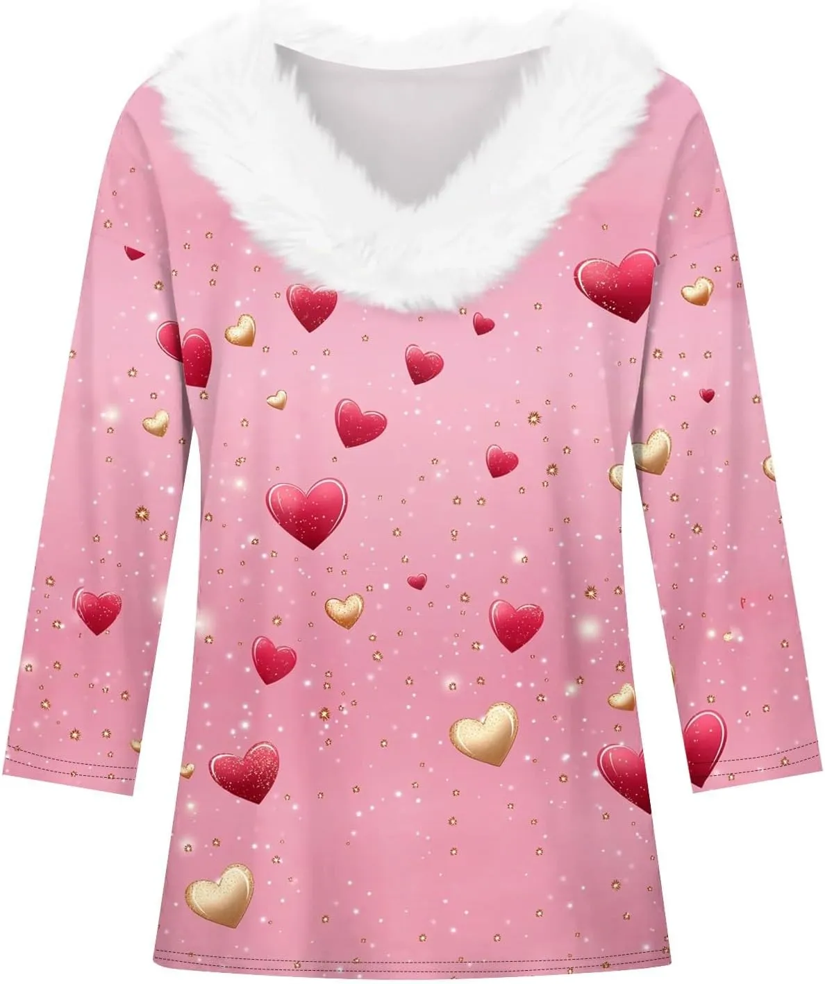 Womens Christmas Holiday Shirts Tops 3/4 Sleeve Faux Fur V Neck T-Shirt Xmas Tree Snowflakes Graphic Top Loose Blouse