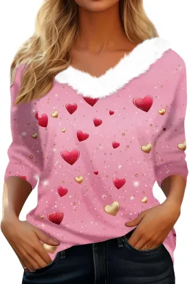 Womens Christmas Holiday Shirts Tops 3/4 Sleeve Faux Fur V Neck T-Shirt Xmas Tree Snowflakes Graphic Top Loose Blouse