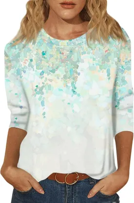 Womens Fall Tops 3/4 Sleeve Crewneck Cute Shirts Casual Trendy Print Blouses Length T Shirt 2024