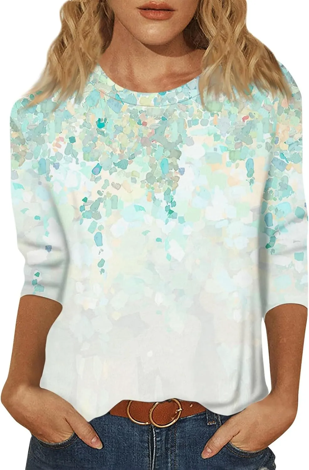 Womens Fall Tops 3/4 Sleeve Crewneck Cute Shirts Casual Trendy Print Blouses Length T Shirt 2024
