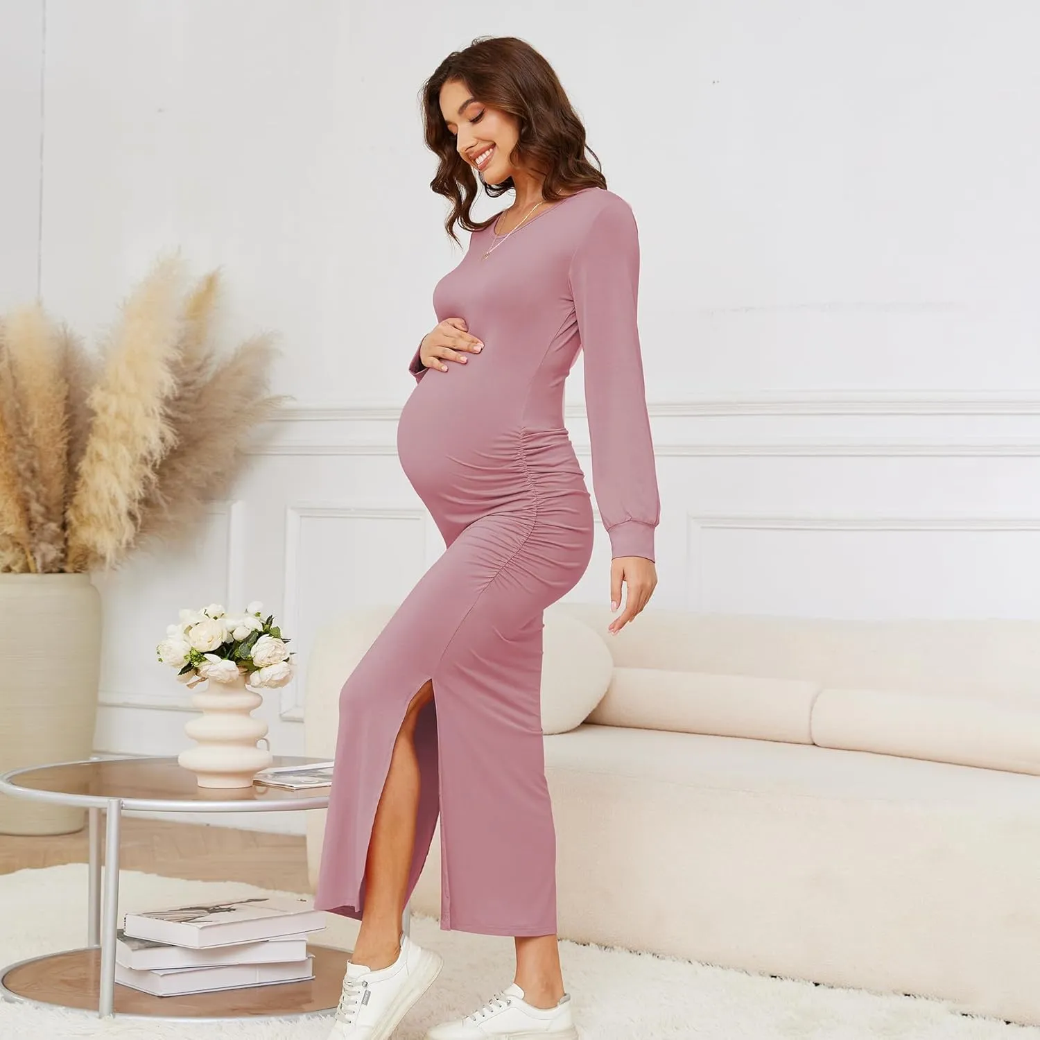 Women's Maternity Dress Long Sleeve Bodycon Split Maxi Dresses for Baby Shower 2025 Spring Pregnancy Clothes